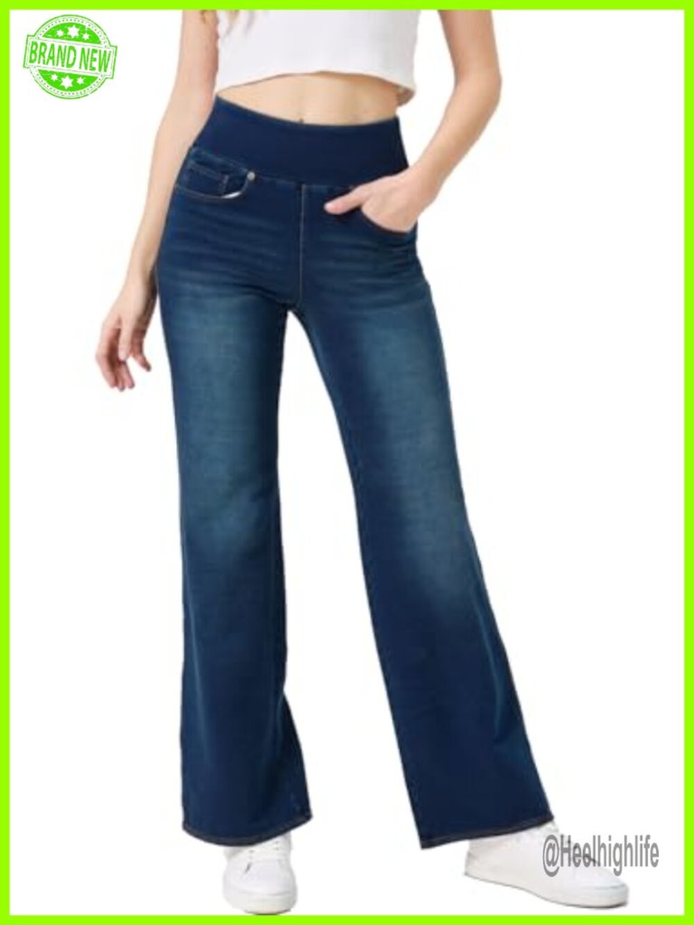 High Waisted Bell Bottom Pull On Jeans Tummy Control Flare Denim